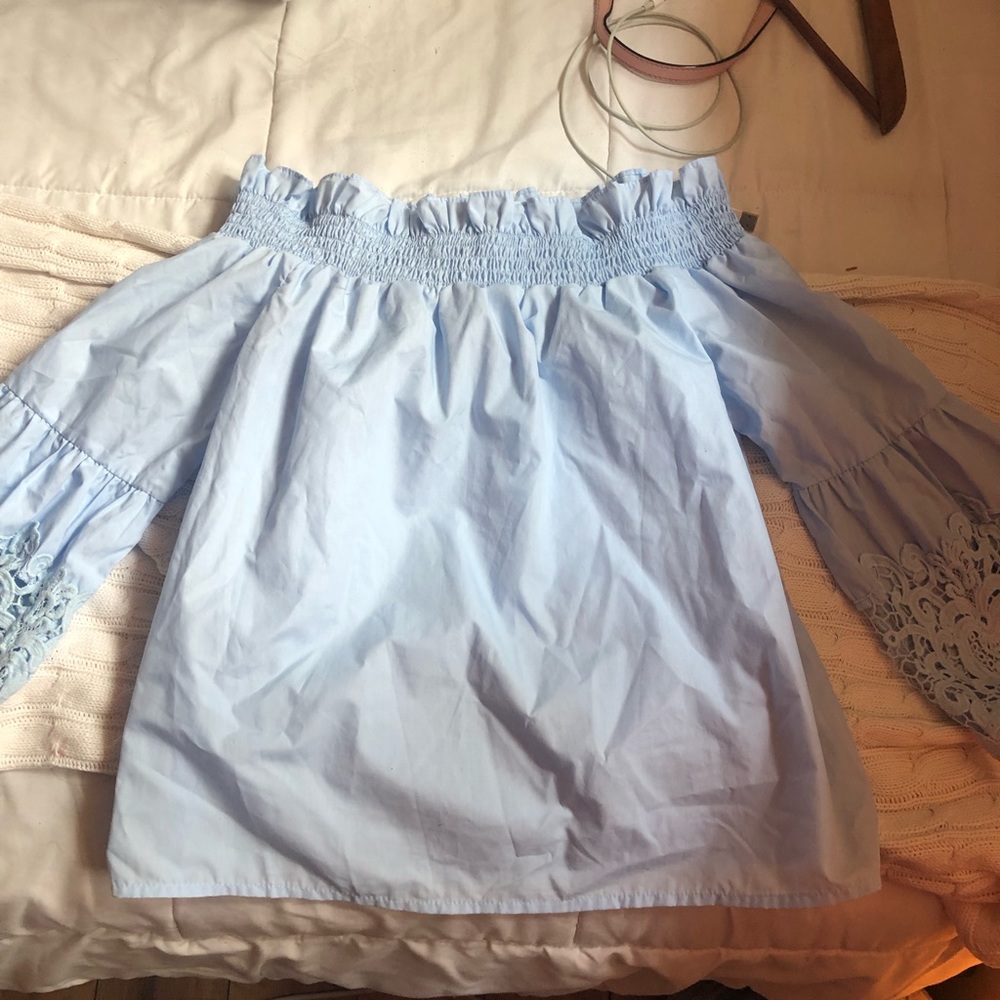 Off the shoulder blue blouse!